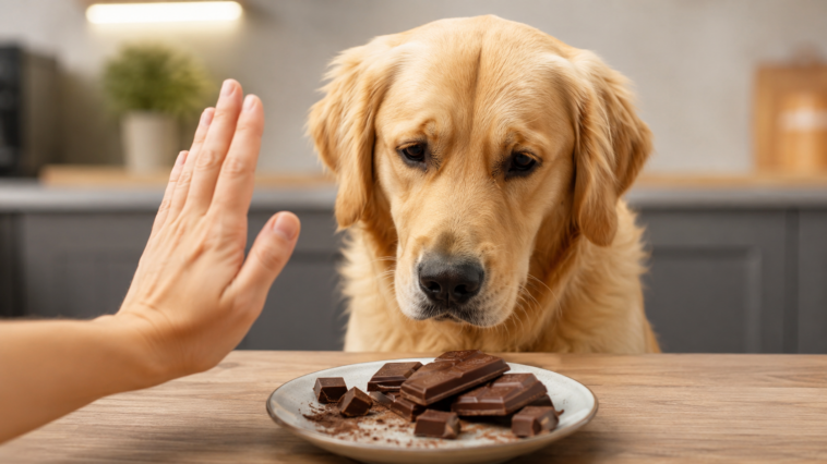 Auf dem Bild ist ein Hund zu erkennen, der Schokolade nicht essen darf. Die Frage, was darf ein Hund essen stellen sich viele Menschen und dieses Bild gibt Antwort darauf.